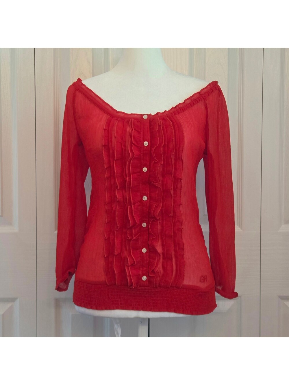 Vintage Y2K Sheer Red Cinched Hem Ruffle Front Blouse Top Gilly Hicks Size XS
